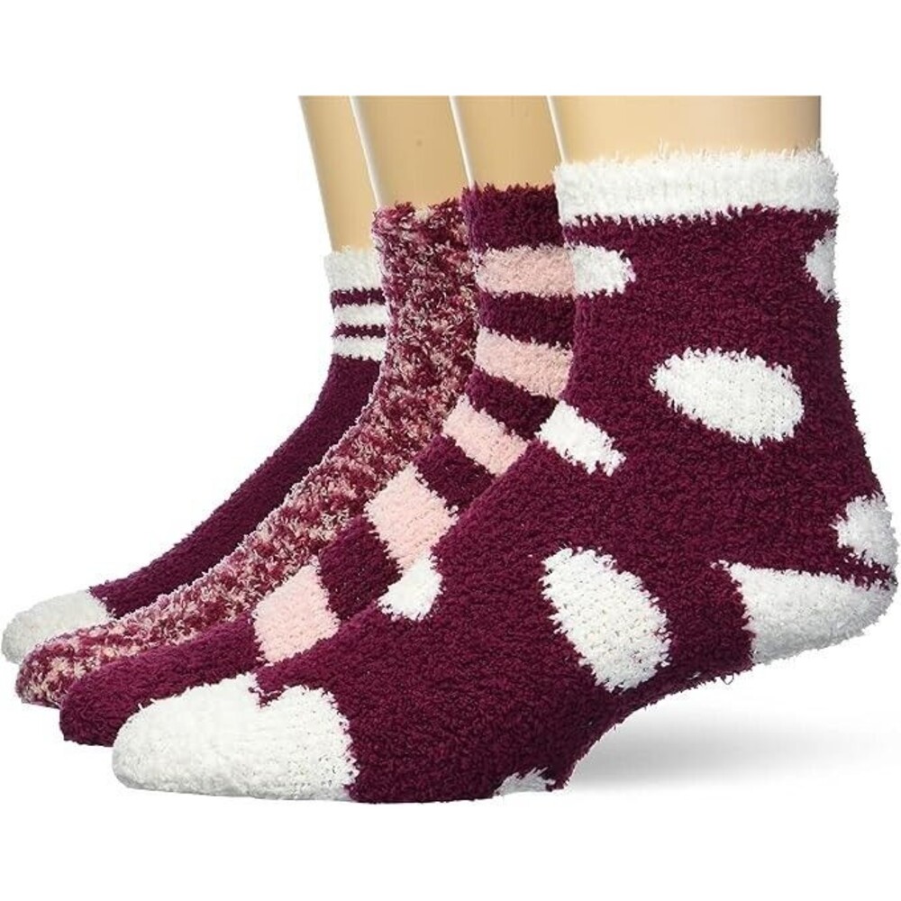 Amazon Essentials Unisex Kids' Fuzzy Cozy Socks, 4 Pairs - One Size - Red Multi